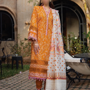 Kesh By Farah Talib Aziz Embroidered Lawn Suits Unstitched 3 Piece FTA23K FTA-02 Menara Mustard - Luxury Collection